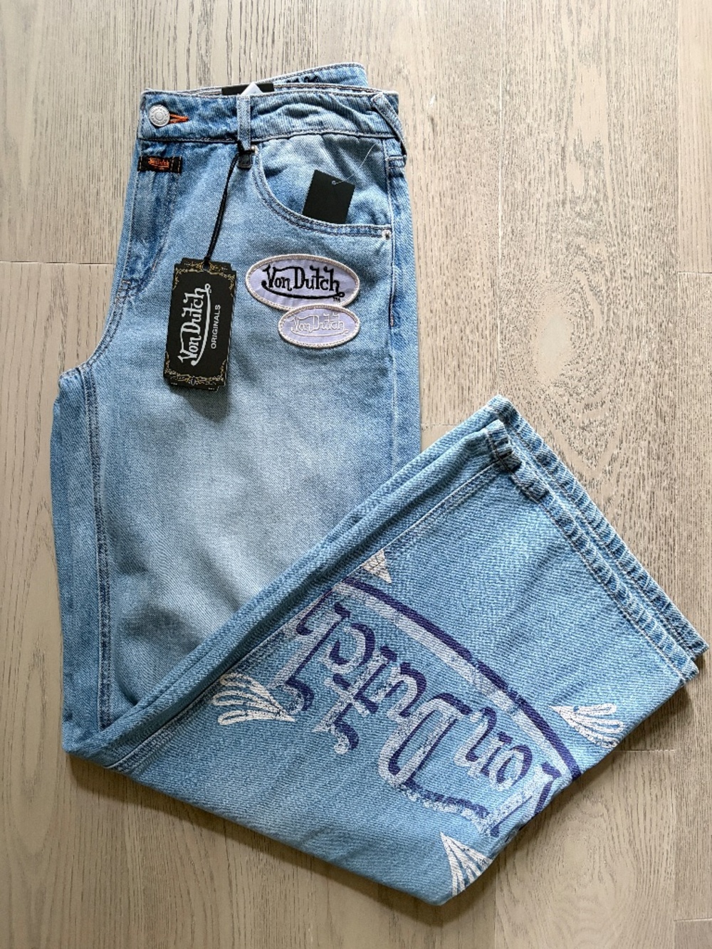 Von Dutch, Originals, Denim, Jeans, Light Wash, Wide Leg, Logo Patch, 9/29, New